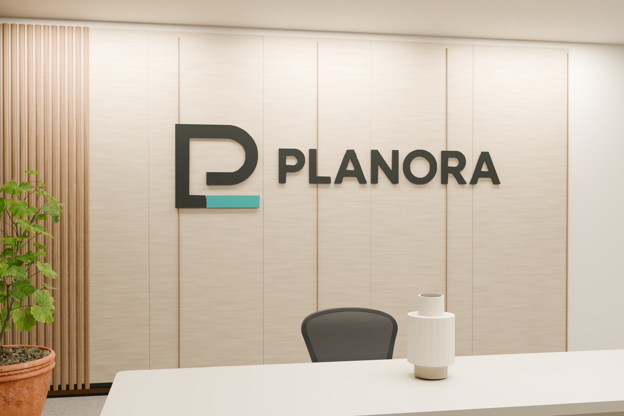 PLANORA identity and joinery in the concept reception.