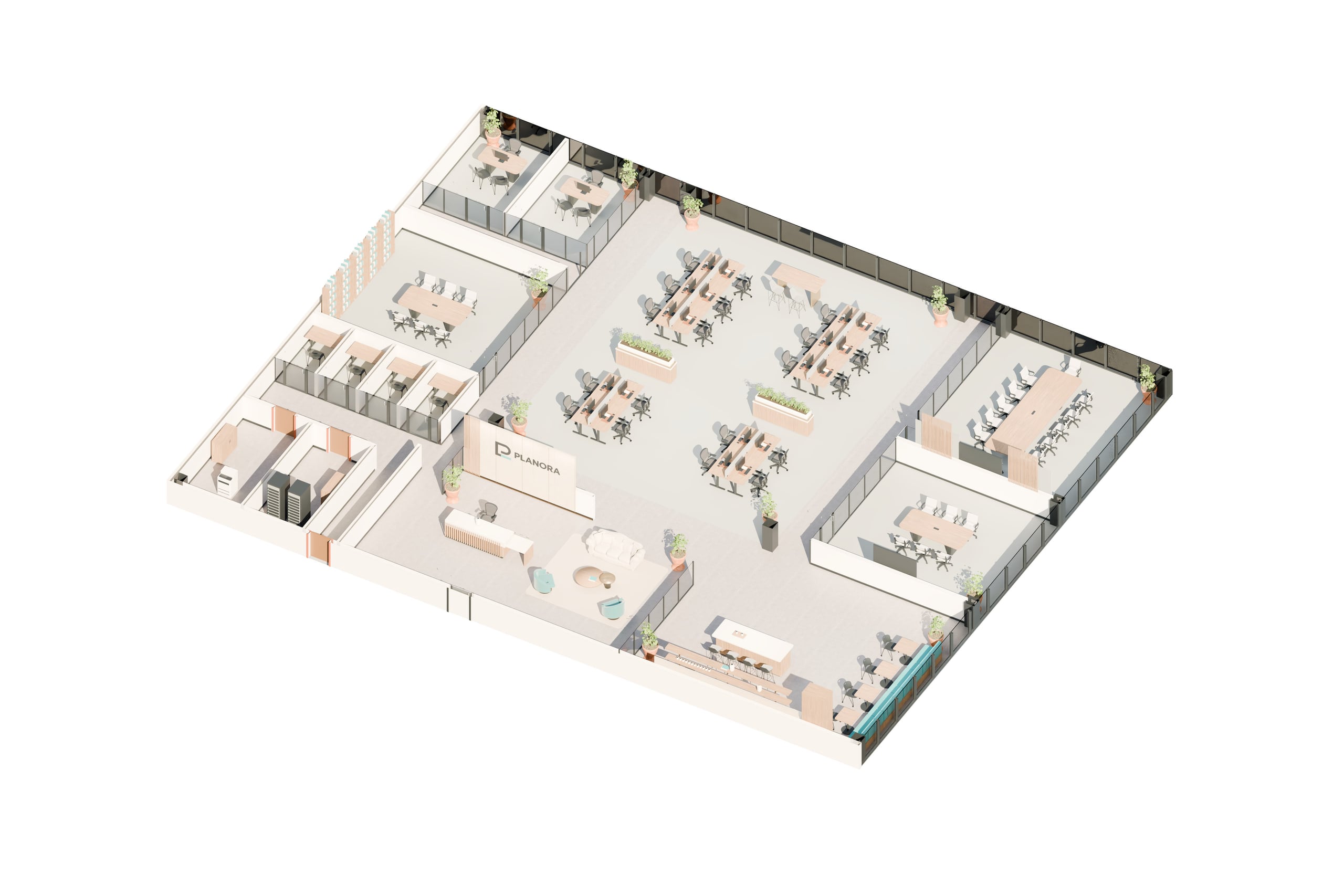 Axonometric of the same 8,000-square-foot PLANORA concept office.