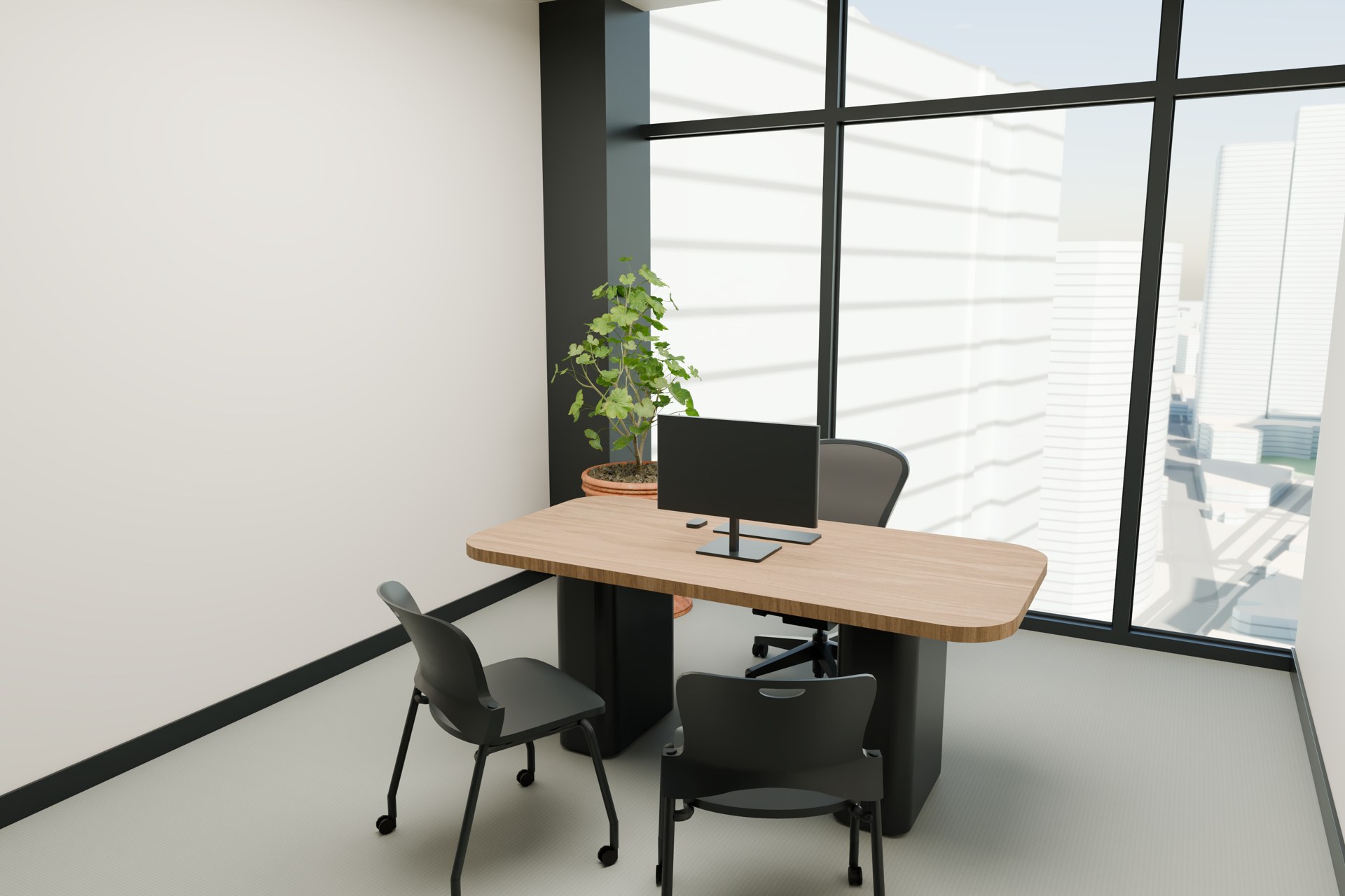 An enclosed office combines an assigned desk and visitor seating, with the Miami context beyond the facade.