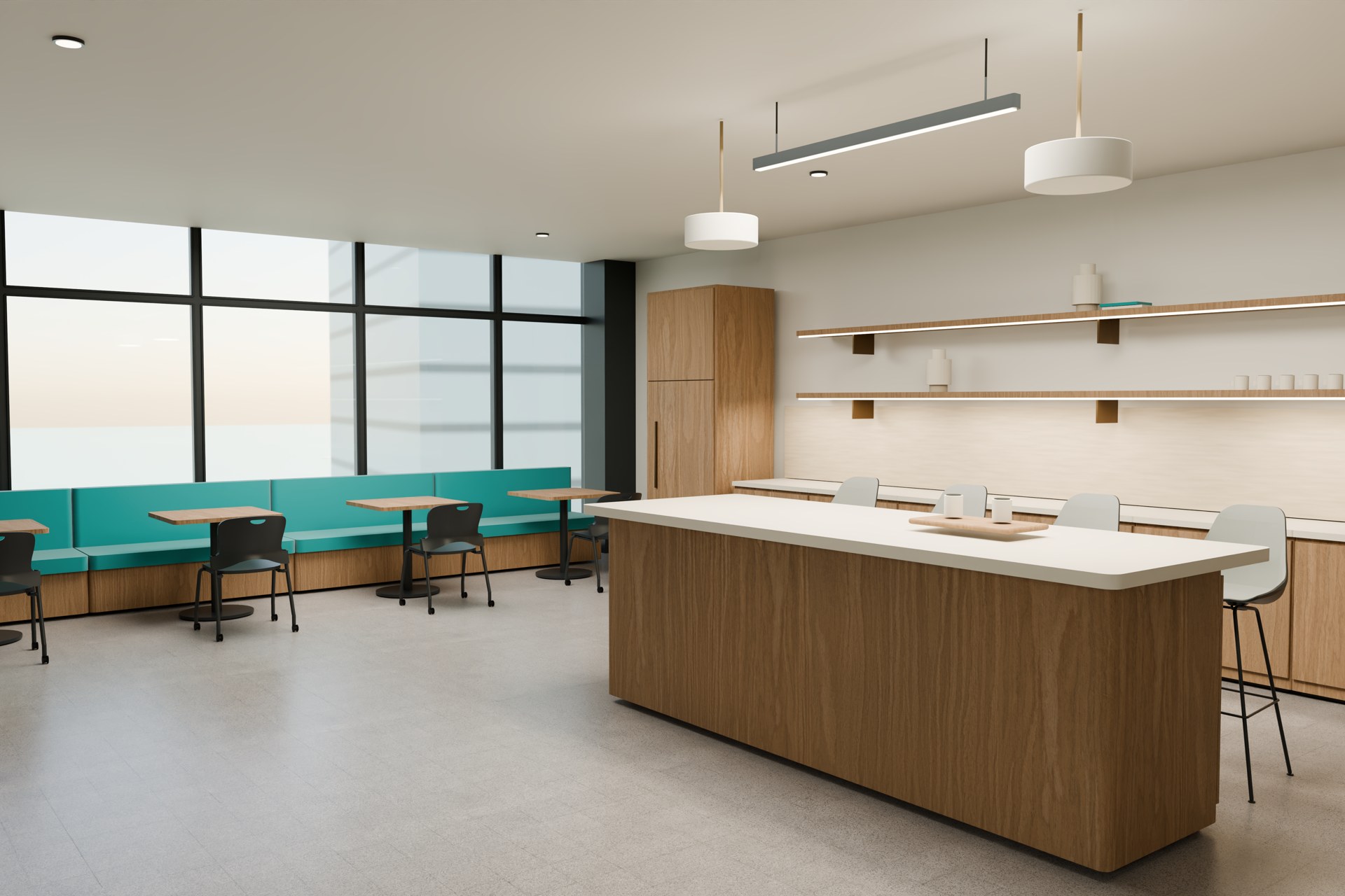 A social setting for informal conversations, with a generous shared counter and window seating.