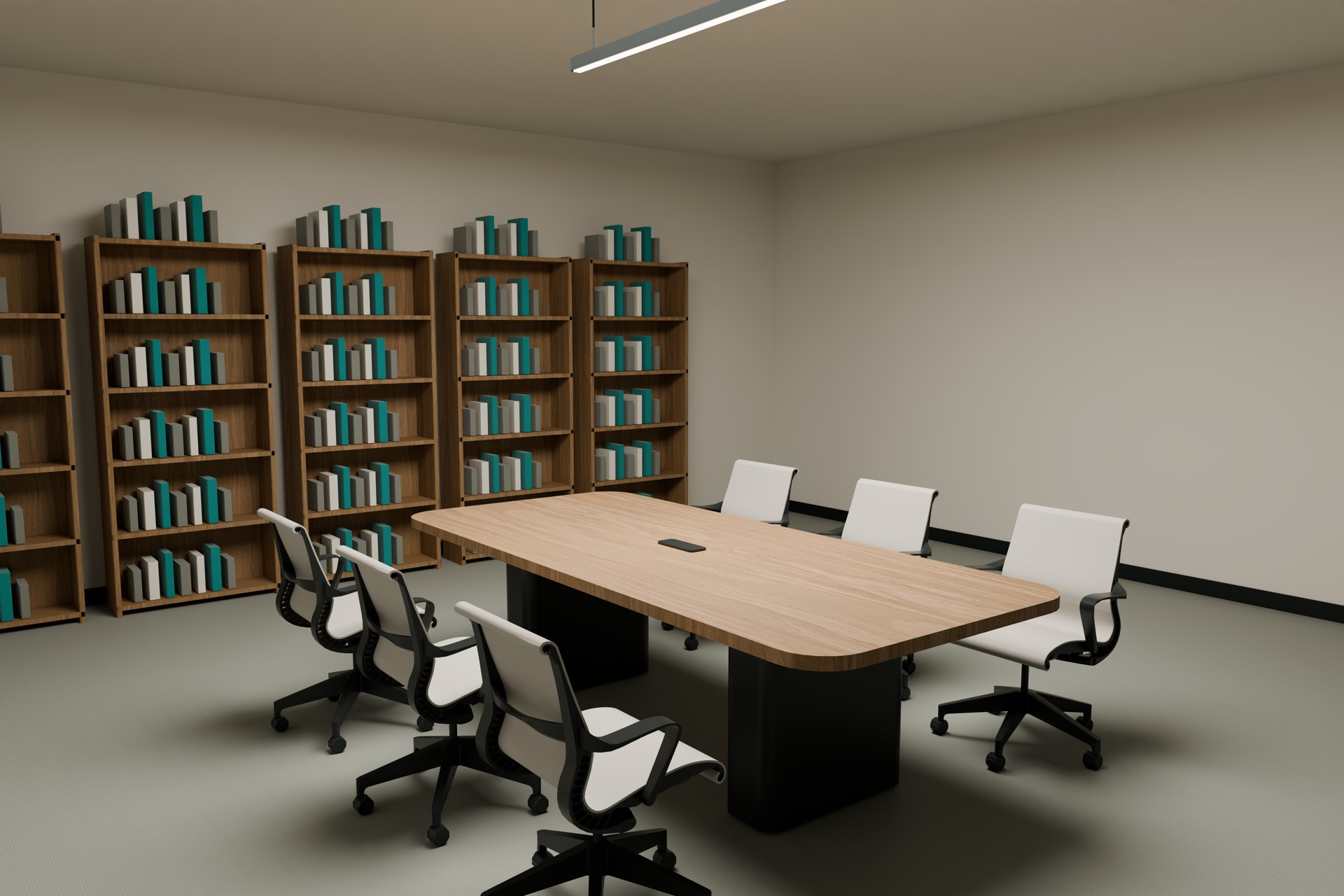 Six shared seats support project discussions in an enclosed room, separate from the working studio.
